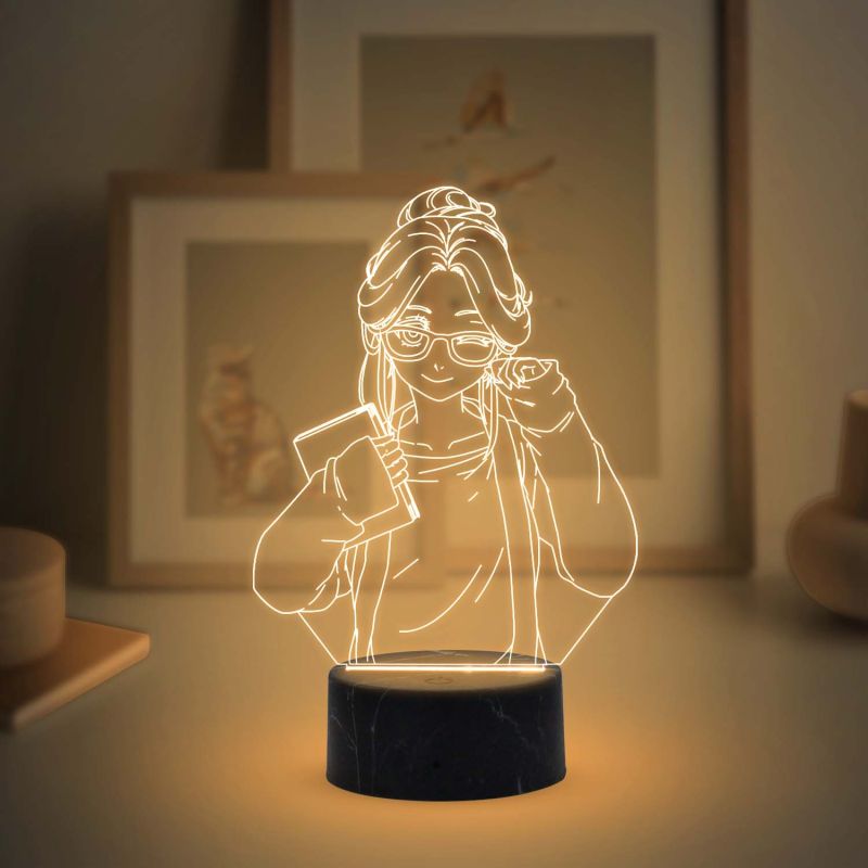 3D Illusion Anime Girl Night Lamp with Warm White Color Gifts for Doggy Lover Wooden Base